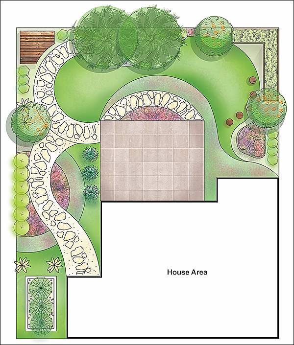 Custom landscape design plan showing interlock patio, curved walkways and lush planting beds